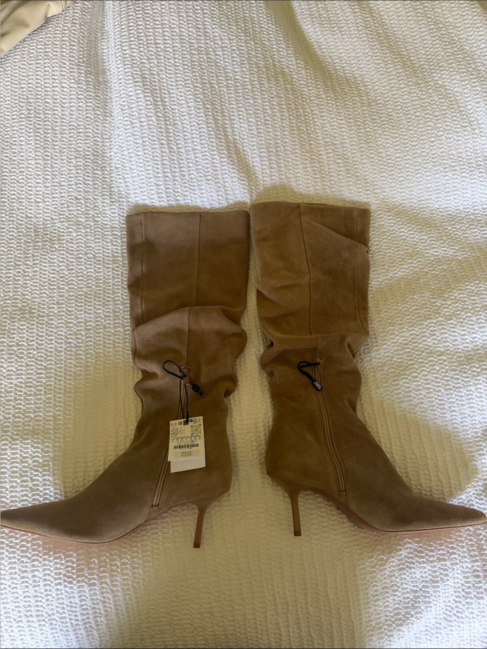 Zara Tan Slouchy Mid-Calf Pointed-Toe Heeled Boots - Picture 3 of 3
